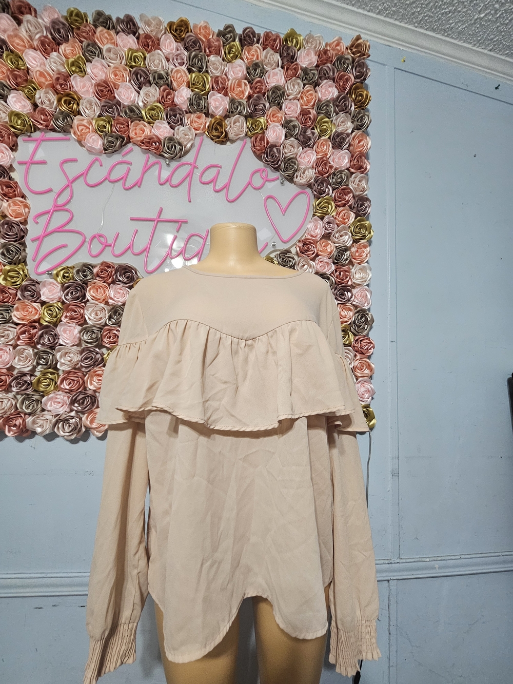 Truth Cream Ruffle-Front Long Sleeve Blouse